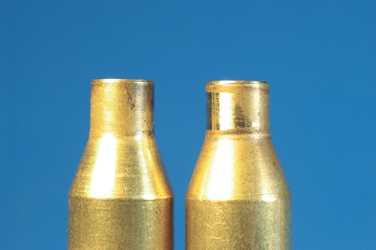 When turning necks, more thinning than necessary might remove too much brass and ruin the case. The bright spot on the neck of the case at right shows where the thick side of the neck was removed. It is pictured with an unaltered case.